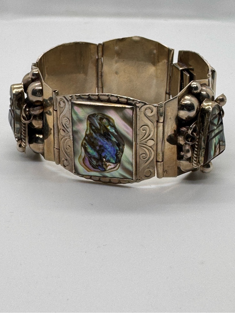 Vintage Taxco Mexico 925 Sterling Silver Abalone Aztec Mask Panel Bracelet - Picture 14 of 16